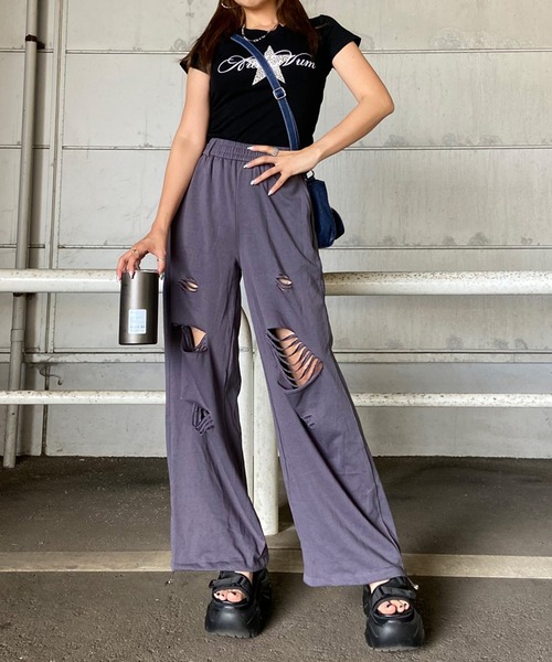 non-hedge(ノンヘッジ)の「ダメージスウェットワイドパンツ(スウェットパンツ・レディース・ブラック/チャコールグレー/グレー・FREE)」の16枚目の写真