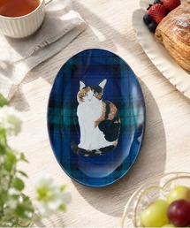 MILLION CARATS（ミリオンカラッツ）の「【強化ガラス・アクセサリートレイにも】《Matsuo Miyuki》 - Oval plate - ネコとチェック柄が映えるガラスプレート（食器）」