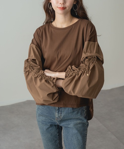 ANNA LUNA(アンナルナ)の「【ANNA LUNA】 袖ドロスト が アクセント の 大人 カジュアル プルオーバー(Tシャツ/カットソー・レディース・ブラウン/ブラック・MEDIUM)」の3枚目の写真