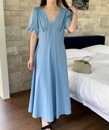 Vネックパフスリーブワンピース