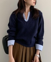 フェイクレイヤードポロニットトップス/シャツレイヤード風ニット