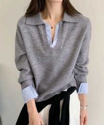 フェイクレイヤードポロニットトップス/シャツレイヤード風ニット/秋服/冬服