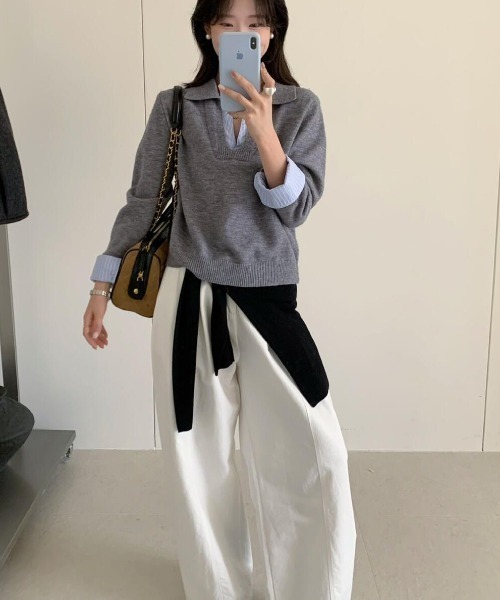 MELT(メルト)の「フェイクレイヤードポロニットトップス/シャツレイヤード風ニット(ニット/セーター・レディース・グレー/ネイビー・FREE)」の9枚目の写真