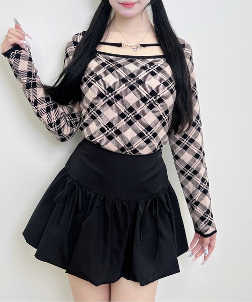 INGNI（イング）の「【WEB限定】パールビット付チェックニット（ニット/セーター・レディース・ベージュ系2/ピンク系2/ブラック×ホワイト・M）」の6枚目の写真