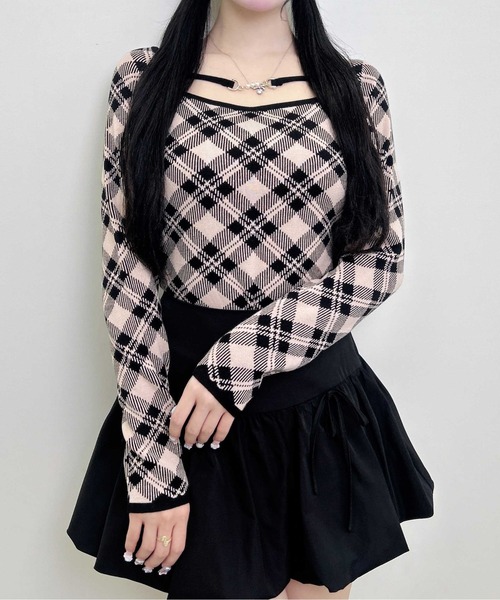 INGNI（イング）の「【WEB限定】パールビット付チェックニット（ニット/セーター・レディース・ベージュ系2/ピンク系2/ブラック×ホワイト・M）」の7枚目の写真
