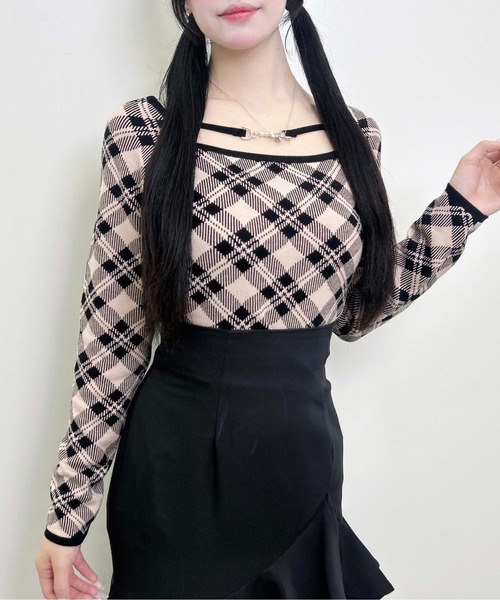 INGNI（イング）の「【WEB限定】パールビット付チェックニット（ニット/セーター・レディース・ベージュ系2/ピンク系2/ブラック×ホワイト・M）」の13枚目の写真