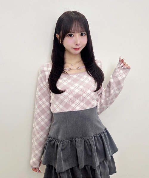INGNI（イング）の「【WEB限定】パールビット付チェックニット（ニット/セーター・レディース・ベージュ系2/ピンク系2/ブラック×ホワイト・M）」の18枚目の写真
