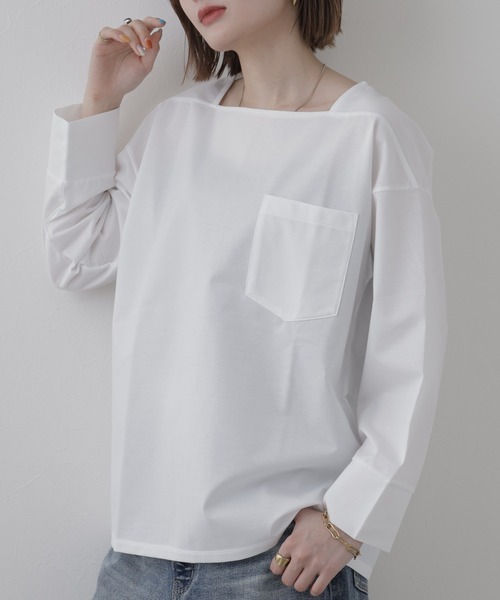 FUNALIVE（ファンアライブ）の「Typewriter Square-neck Tops タイプライター スクエアネック トップス 長袖（シャツ/ブラウス・レディース・オフホワイト/ブラック/サックスブルー・FREE）」の7枚目の写真