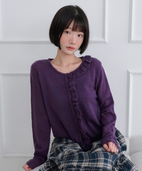 by muni:r(バイ ムニール)の「ヘイズフリルニットカーディガン/2026 AW COLLECTION(ニット/セーター・レディース・チャコール/アイボリー/パープル・FREE)」の1枚目の写真
