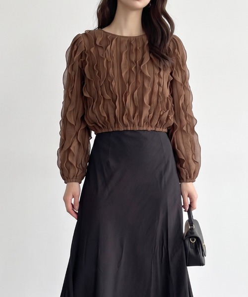 umune(ウムネ)の「華やかな表情を楽しむ♪大人フェミニンなシアージャガードトップス(Tシャツ/カットソー・レディース・ブラウン/ブラック・FREE)」の3枚目の写真