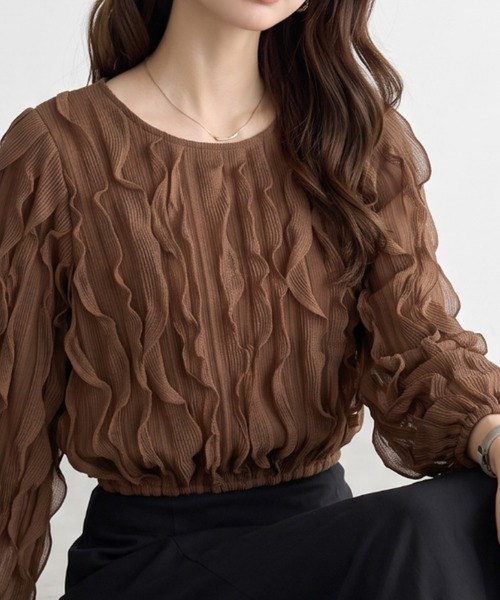 umune(ウムネ)の「華やかな表情を楽しむ♪大人フェミニンなシアージャガードトップス(Tシャツ/カットソー・レディース・ブラウン/ブラック・FREE)」の5枚目の写真