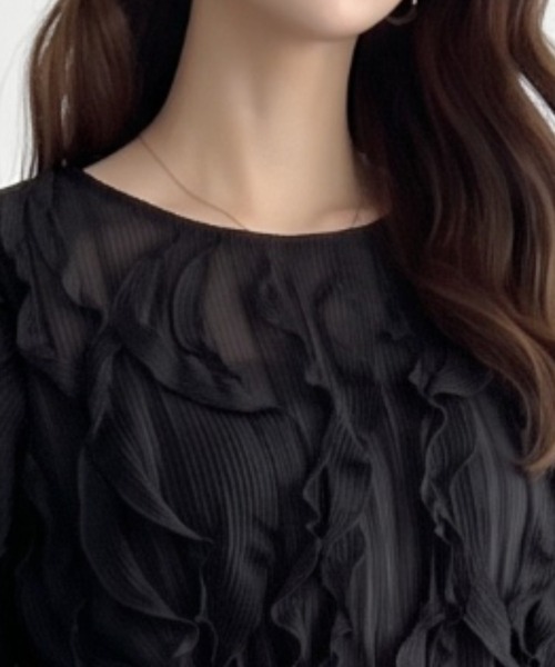 umune(ウムネ)の「華やかな表情を楽しむ♪大人フェミニンなシアージャガードトップス(Tシャツ/カットソー・レディース・ブラウン/ブラック・FREE)」の15枚目の写真