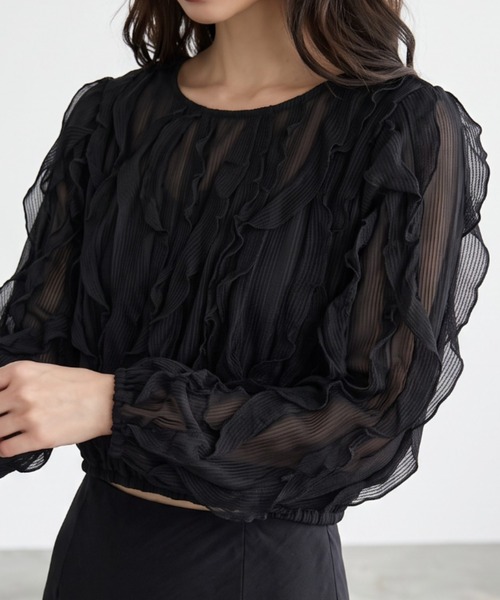 umune(ウムネ)の「華やかな表情を楽しむ♪大人フェミニンなシアージャガードトップス(Tシャツ/カットソー・レディース・ブラウン/ブラック・FREE)」の13枚目の写真