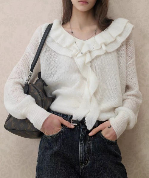 Sibra(シブラ)の「【秋冬新作】フリルカラーデザインVネックニットトップス(ニット/セーター・レディース・ブラック/アイボリー・M)」の20枚目の写真