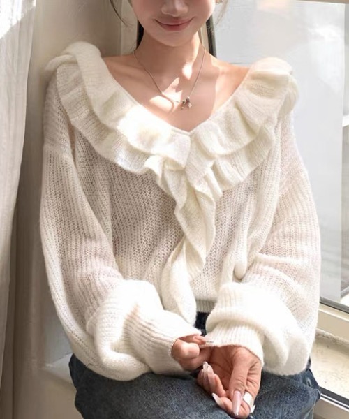 Sibra(シブラ)の「【秋冬新作】フリルカラーデザインVネックニットトップス(ニット/セーター・レディース・ブラック/アイボリー・M)」の22枚目の写真