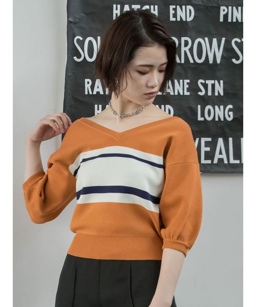 MURUA（ムルーア）の「ボーダーハーフスリーブニット（ニット/セーター・レディース・ホワイト/ブラック/オレンジ・FREE）」の3枚目の写真