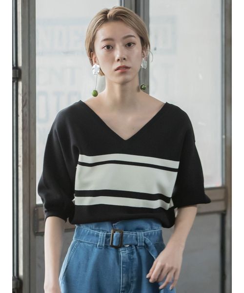 MURUA（ムルーア）の「ボーダーハーフスリーブニット（ニット/セーター・レディース・ホワイト/ブラック/オレンジ・FREE）」の2枚目の写真