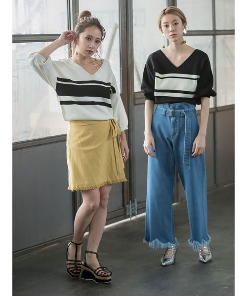 MURUA（ムルーア）の「ボーダーハーフスリーブニット（ニット/セーター・レディース・ホワイト/ブラック/オレンジ・FREE）」の8枚目の写真