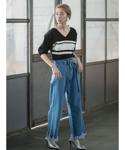 MURUA（ムルーア）の「ボーダーハーフスリーブニット（ニット/セーター・レディース・ホワイト/ブラック/オレンジ・FREE）」の6枚目の写真