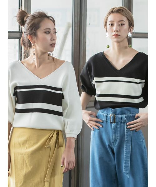 MURUA（ムルーア）の「ボーダーハーフスリーブニット（ニット/セーター・レディース・ホワイト/ブラック/オレンジ・FREE）」の20枚目の写真