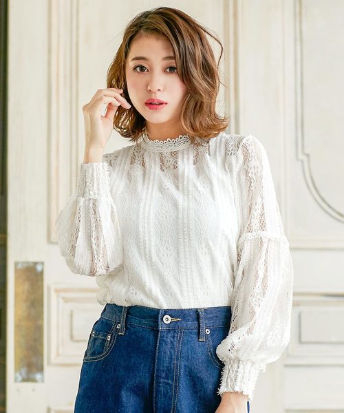 KOBE LETTUCE（コウベレタス）の「袖コンシャスハイネックレースブラウス（シャツ/ブラウス・レディース・ブラック/オフホワイト・FREE）」の2枚目の写真