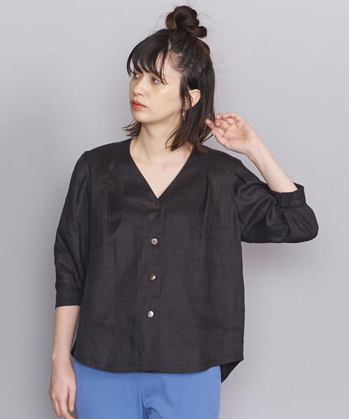 美品ビューティー＆ユース　BYカラーリネンVネックブラウス　ブラック　F　麻 美品ビューティー＆ユース BYカラーリネンVネックブラウス ブラック F