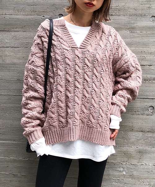 PAGEBOY（ページボーイ）の「ケーブルキーネックプルオーバー（ニット/セーター・レディース・チャコールグレー/パープル/オフホワイト/ライトブラウン・FREE）」の3枚目の写真