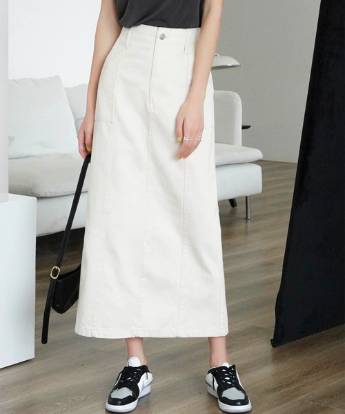 Mayree（メイリー）の「【Mayree】ヘビーツイル＆デニムロングタイトスカート 2021SS（デニムスカート・レディース・ブラック/ブルー/サンドベージュ/インディゴブルー/アイボリー・FREE）」の2枚目の写真