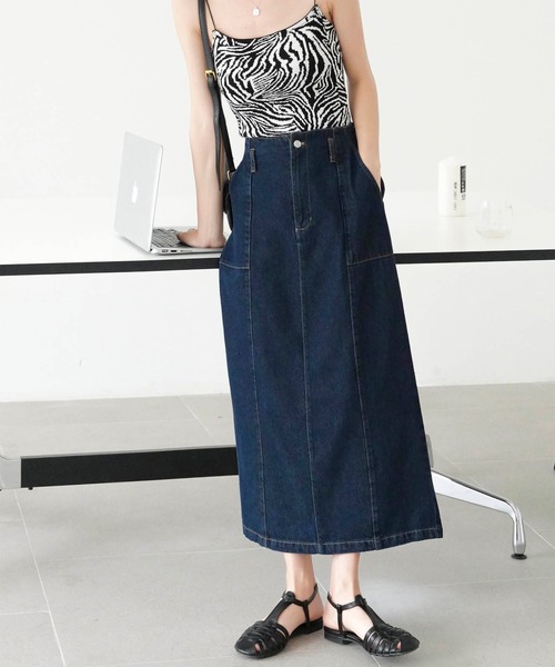 Mayree（メイリー）の「【Mayree】ヘビーツイル＆デニムロングタイトスカート 2021SS（デニムスカート・レディース・ブラック/ブルー/サンドベージュ/インディゴブルー/アイボリー・FREE）」の14枚目の写真