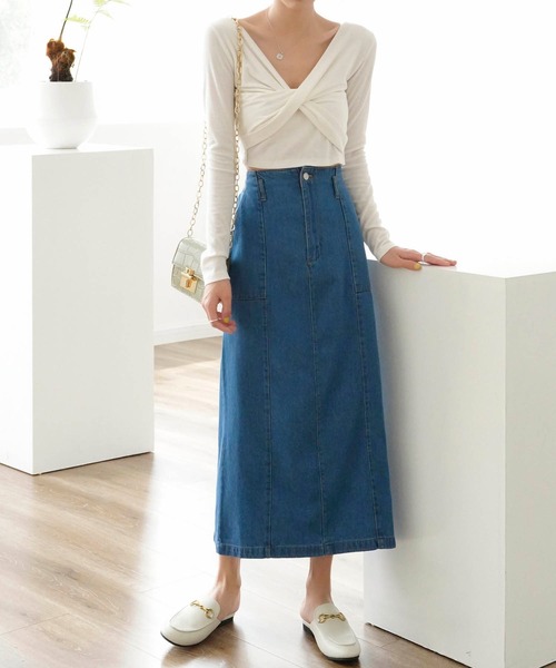 Mayree（メイリー）の「【Mayree】ヘビーツイル＆デニムロングタイトスカート 2021SS（デニムスカート・レディース・ブラック/ブルー/サンドベージュ/インディゴブルー/アイボリー・FREE）」の18枚目の写真