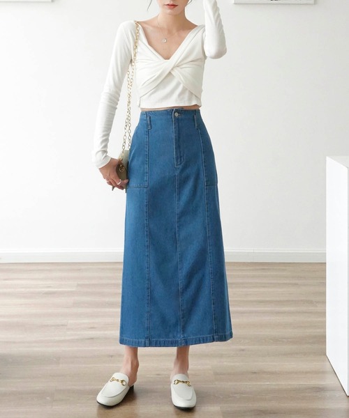 Mayree（メイリー）の「【Mayree】ヘビーツイル＆デニムロングタイトスカート 2021SS（デニムスカート・レディース・ブラック/ブルー/サンドベージュ/インディゴブルー/アイボリー・FREE）」の19枚目の写真