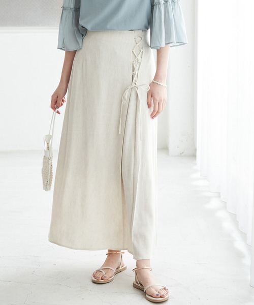 ROPE' PICNIC（ロペピクニック）の「リネン混レースアップフレアスカート（スカート・レディース・ブラック系その他/ベージュ/ライトグリーン・36/38/40）」の3枚目の写真