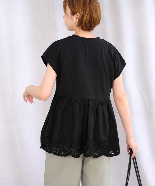 ＡＮＤＪ（アンドジェイ）の「ウエスト切替スカラップ刺繍フレンチ袖ペプラムトップス（Tシャツ/カットソー・レディース・ブラック/ホワイト・M）」の12枚目の写真