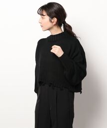 裾ダメージボリューム袖ショートニット