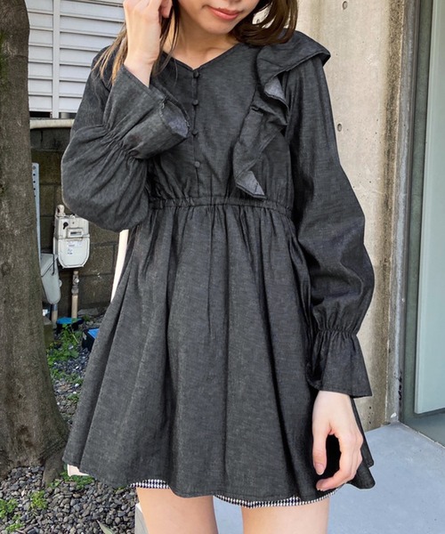 特注加工 Olive オリーブデオリーブ のワンピース デニムフリルチュニックワンピース をセール価格で購入できます Olive Des Oliveデニムフリルチュニックワンピース アウトレット 店舗 大阪