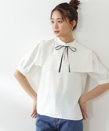 ◆襟付とろみ５分袖ブラウス