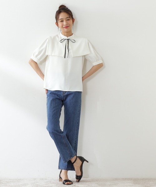 N.（N. Natural Beauty Basic）（エヌエヌナチュラルビューティーベーシック）の「◆襟付とろみ５分袖ブラウス（Tシャツ/カットソー・レディース・ブラック/ブルー/ホワイト・MEDIUM）」の10枚目の写真