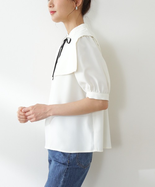 N.（N. Natural Beauty Basic）（エヌエヌナチュラルビューティーベーシック）の「◆襟付とろみ５分袖ブラウス（Tシャツ/カットソー・レディース・ブラック/ブルー/ホワイト・MEDIUM）」の13枚目の写真