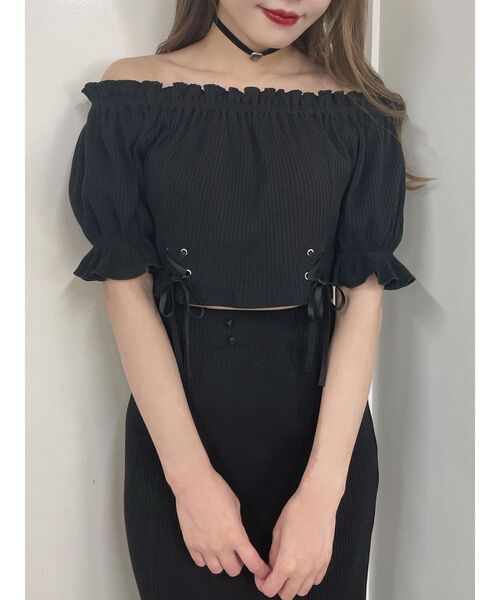 EATME（イートミー）の「FRONTレースアップオフショルリブTOP（セットアップ可能）（Tシャツ/カットソー・レディース・アイボリー/ブラック/ブラウン・FREE）」の3枚目の写真