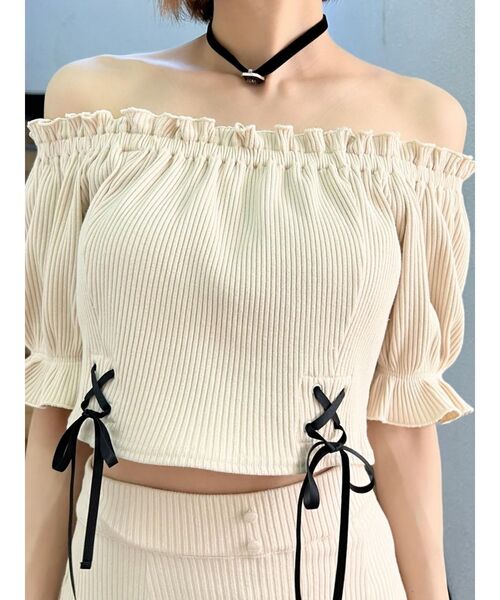 EATME（イートミー）の「FRONTレースアップオフショルリブTOP（セットアップ可能）（Tシャツ/カットソー・レディース・アイボリー/ブラック/ブラウン・FREE）」の8枚目の写真