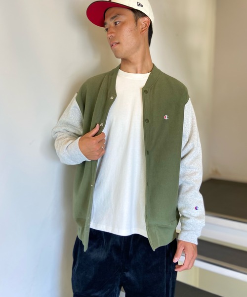 Champion(チャンピオン)の「CHAMPION/チャンピオン リバースウィーブ スウェットブルゾン バイカラー/ワンポイント Vネックトレーナー C3-W013(スウェット・メンズ・ブルー/グレー/ブラウン/カーキ・M/XL/L)」の3枚目の写真