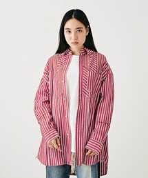 TOBILA（トビラ）の「ストライプミックスオルテガ柄パッチワーク長袖シャツ（シャツ/ブラウス）」