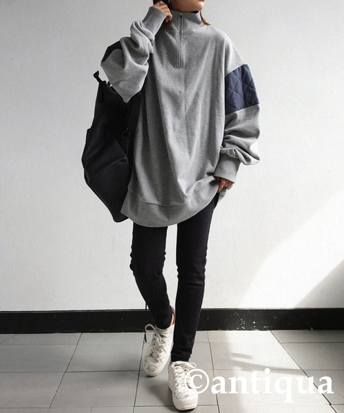 antiqua(アンティカ)の「異素材MIXハーフジッププルオーバー(スウェット・レディース・ブラック/ネイビー/グレー・FREE)」の6枚目の写真