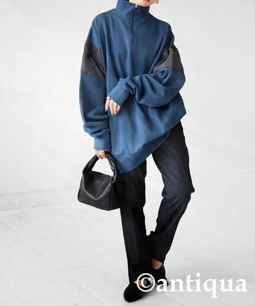 antiqua(アンティカ)の「異素材MIXハーフジッププルオーバー(スウェット・レディース・ブラック/ネイビー/グレー・FREE)」の7枚目の写真