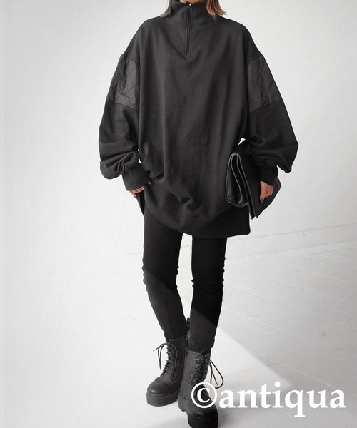 antiqua(アンティカ)の「異素材MIXハーフジッププルオーバー(スウェット・レディース・ブラック/ネイビー/グレー・FREE)」の5枚目の写真