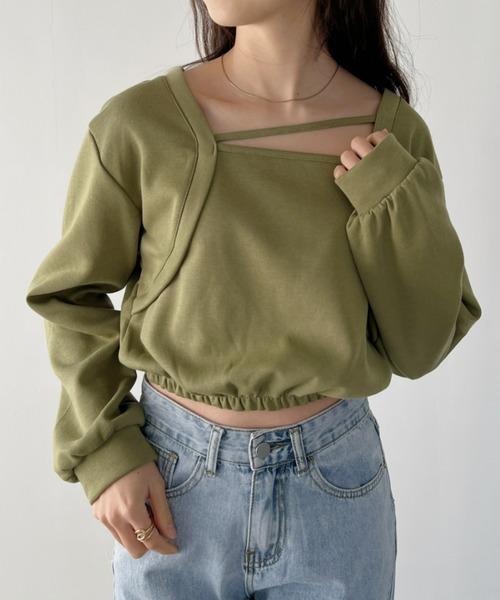 CLEA(クレア)の「レイヤードショート丈カットプルオーバー(Tシャツ/カットソー・レディース・カーキ/ブラック/グレー・FREE)」の1枚目の写真