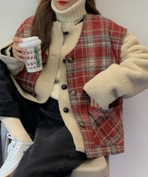 DAY CLOSET | レディース オーバーサイズボアジャケット+チェック柄ベストセットアップ 2点セット(ブルゾン)