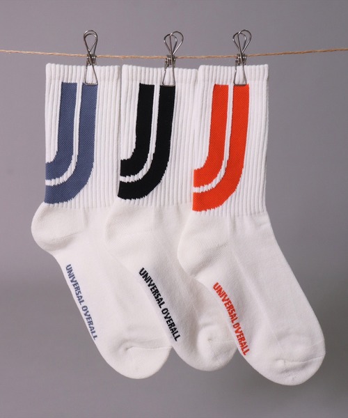 UNIVERSAL OVERALL(ユニバーサルオーバーオール)の「(LG)【UNIVERSAL OVERALL】【3足セット】ビッグ ロゴ クルー ソックス(ソックス/靴下・メンズ・その他/ホワイト系その他/ホワイト系・25-27CM/23-25cm)」の1枚目の写真