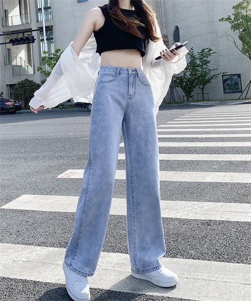 セール】美シルエットハイウエストワイドデニムパンツ（デニム