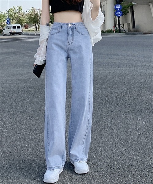 セール】美シルエットハイウエストワイドデニムパンツ（デニム